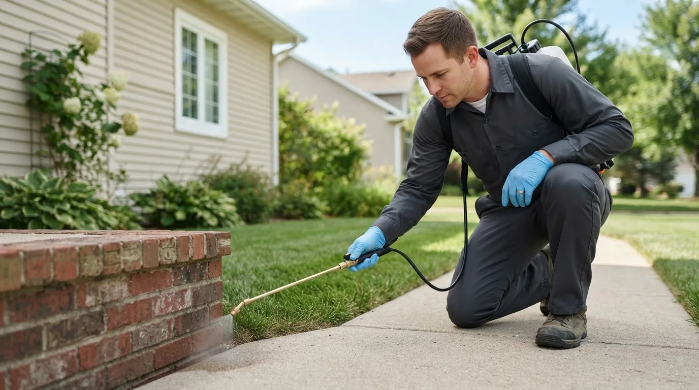 Pest control technician treating a home near Arapahoe, CO